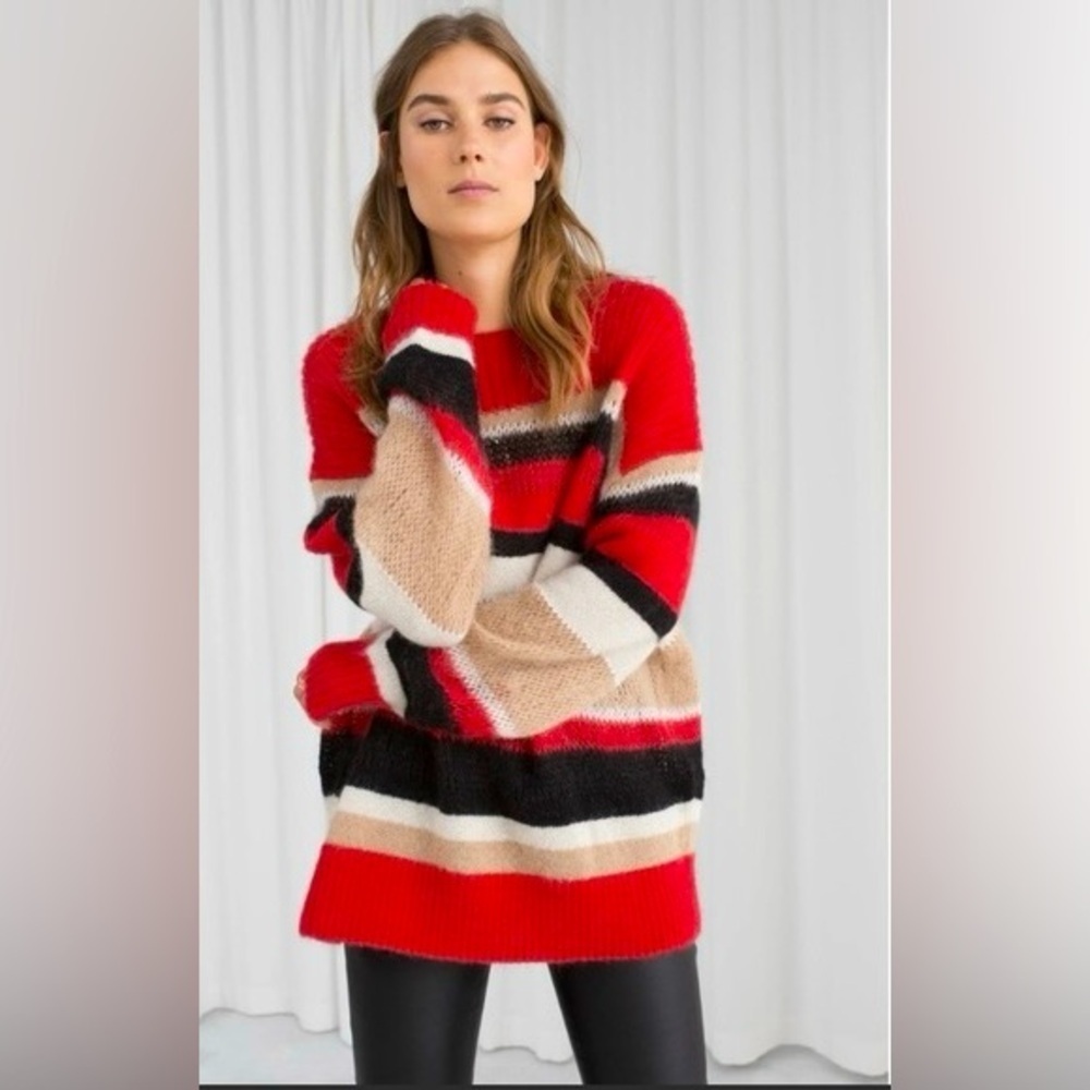 & Other Stories Stockholm atelier Red Striped Wool Thin Knit  Sweater , sz : XS